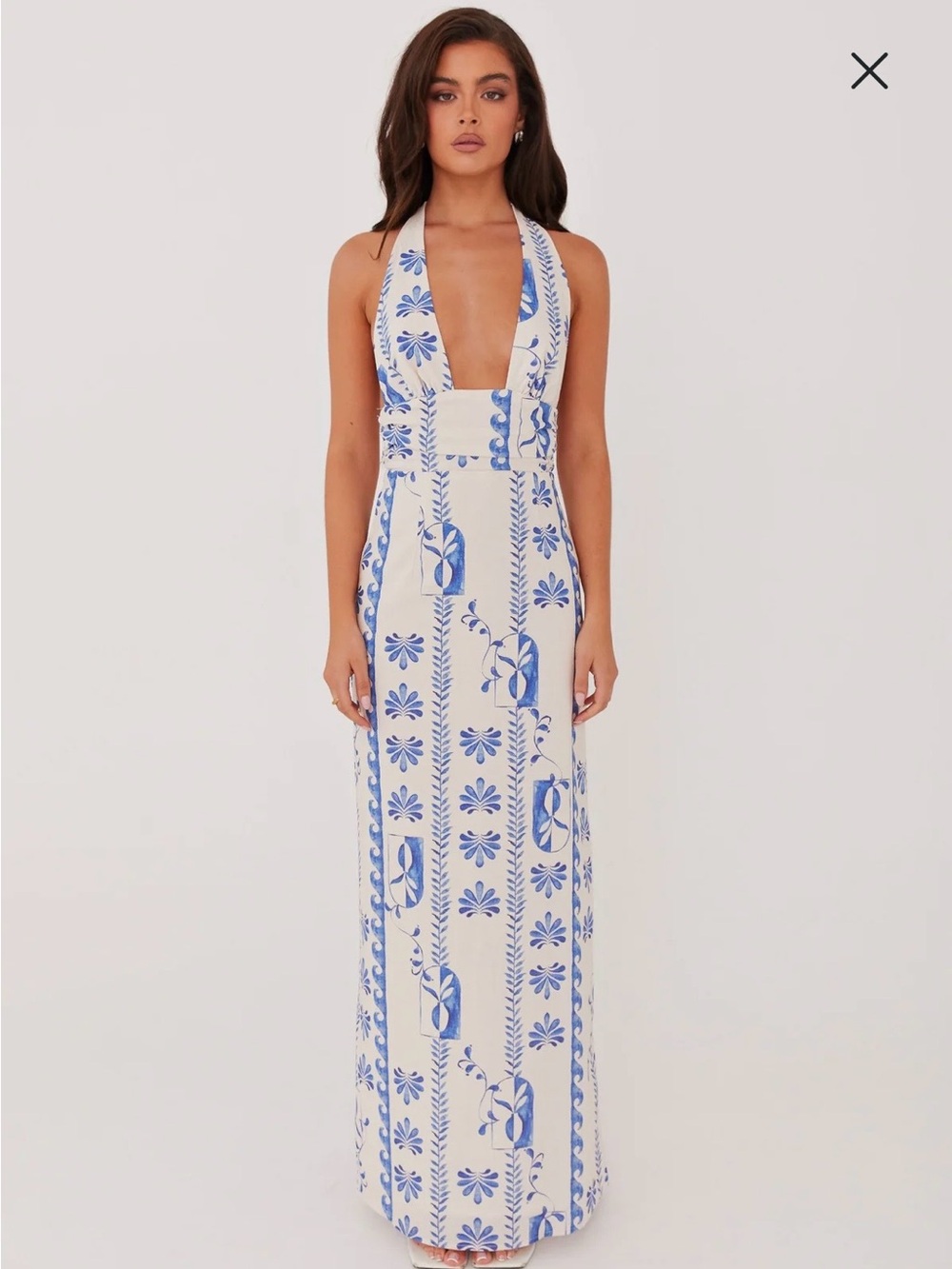 Peppermayo Blue and Cream Plunge Halter Maxi Dress - Size 0